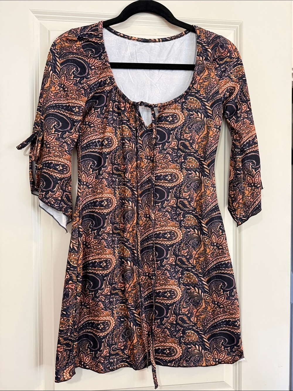 Women’s Paisley Boho Dress Size Small | Tie Neck | 3/4 Sleeve